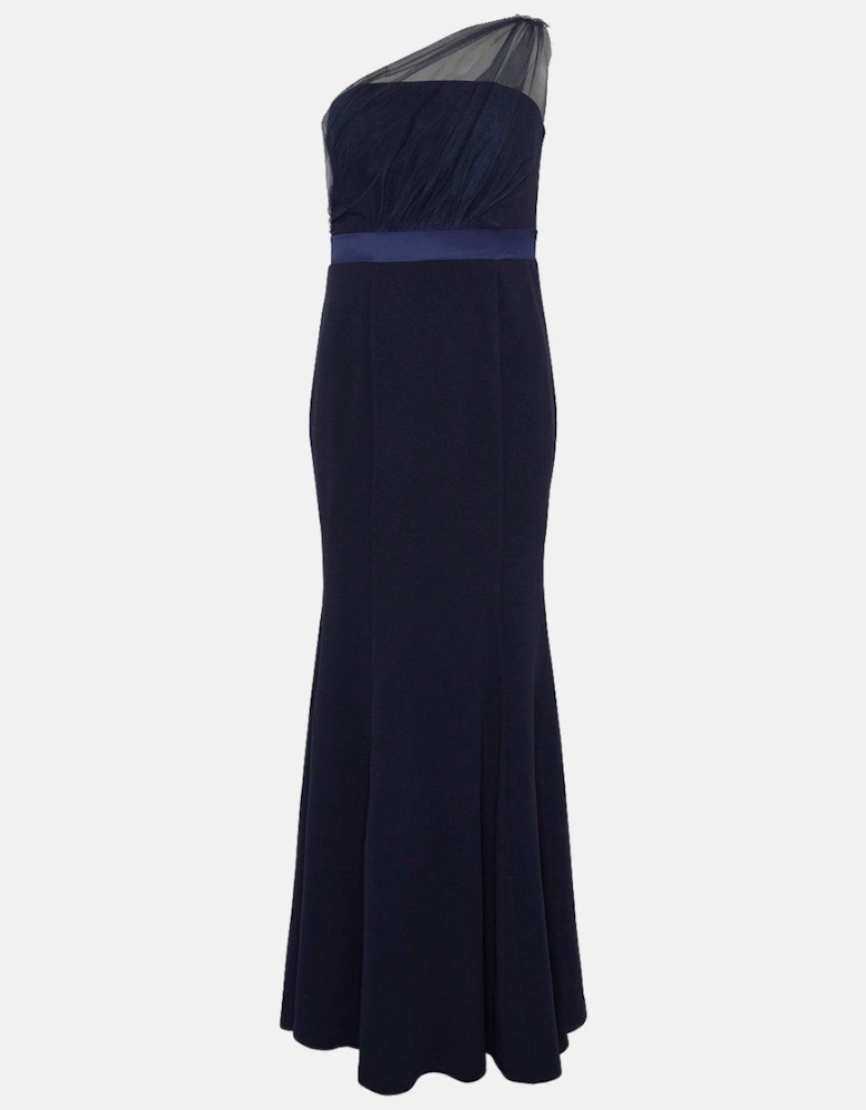 Mesh One Shoulder Sculpting Crepe Bridesmaid Maxi Dress