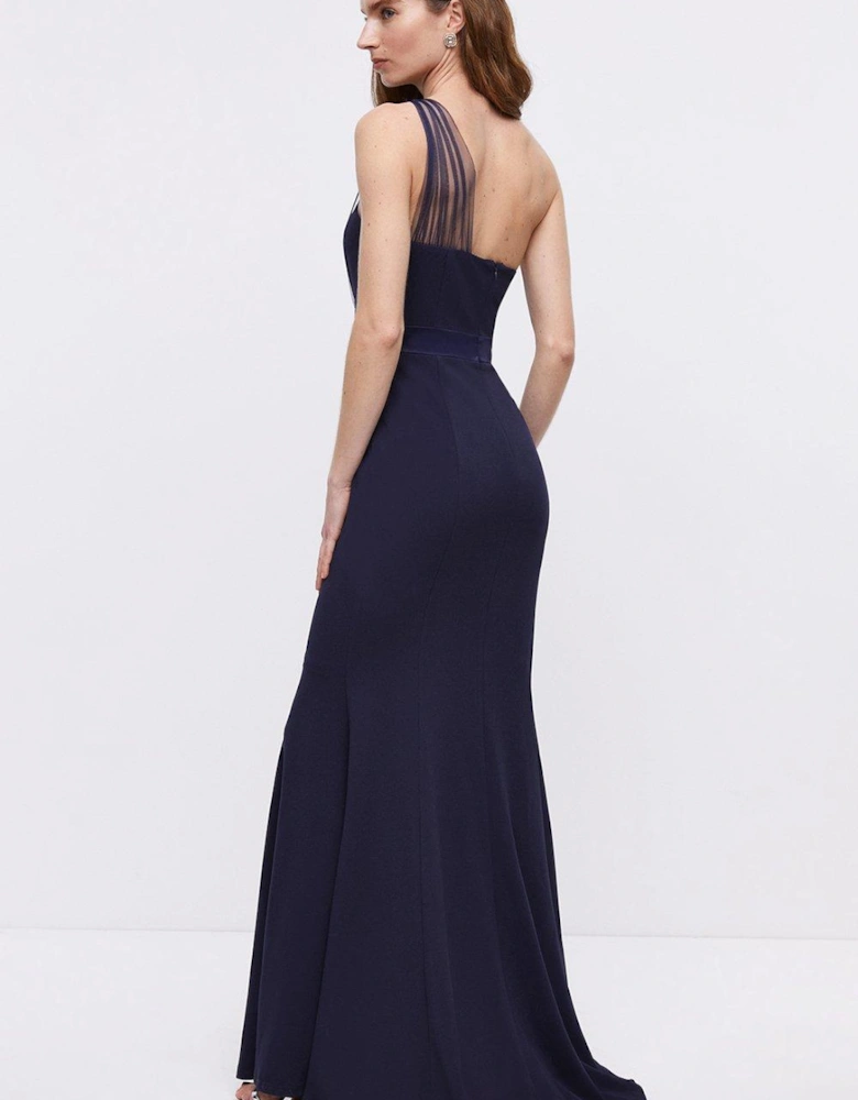 Mesh One Shoulder Sculpting Crepe Bridesmaid Maxi Dress