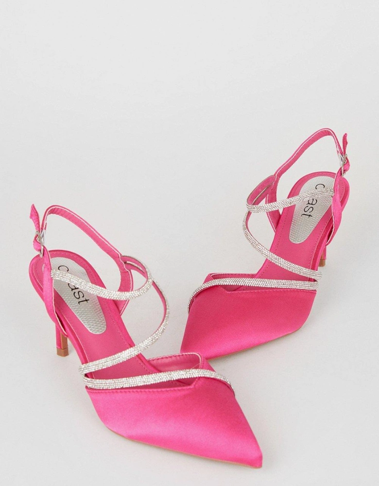 Theresa Satin Asymmetric Diamante Strap Stiletto Court Shoes