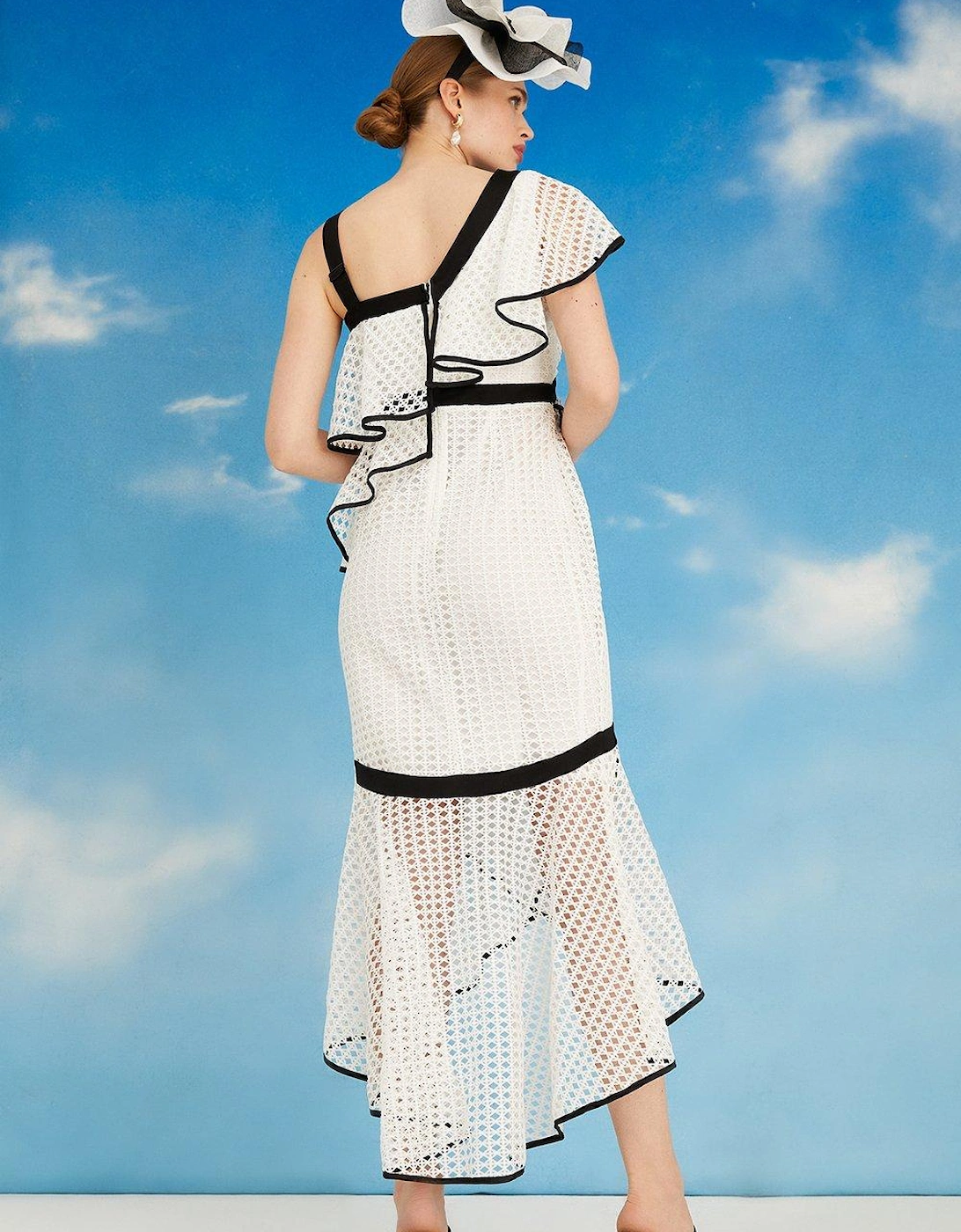 Lisa Tan Geo Lace One Shoulder Ruffle Dress