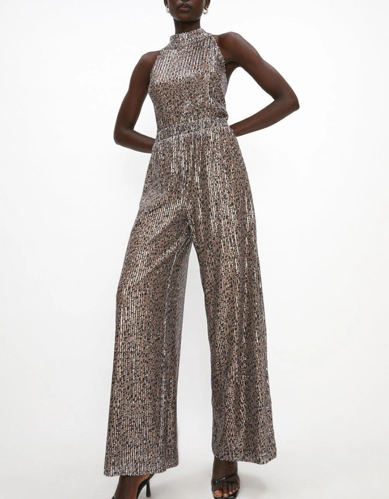 Animal Print Sequin Wide Leg Trousers