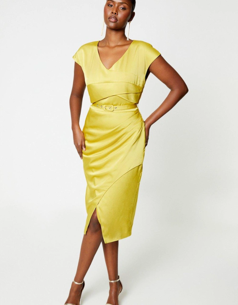 Satin Pencil Dress With Pleat Side