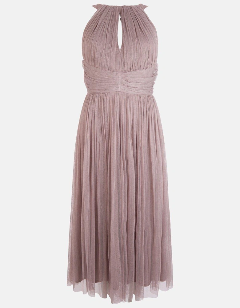 Panelled Ruched Halter Tulle Midi Dress