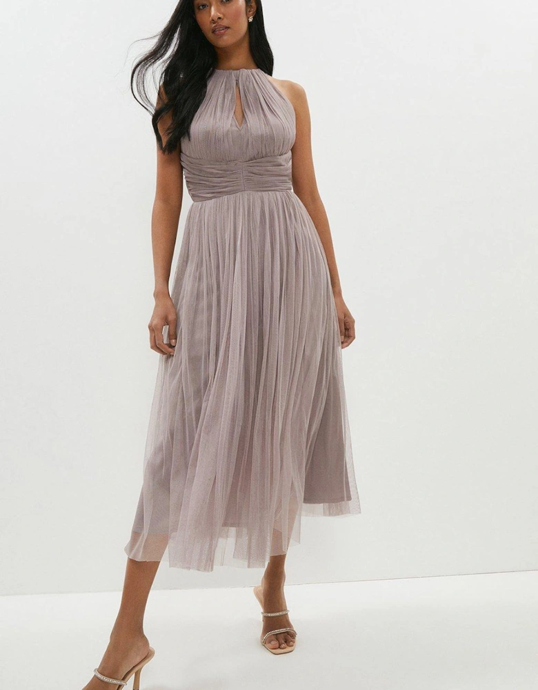 Panelled Ruched Halter Tulle Midi Dress