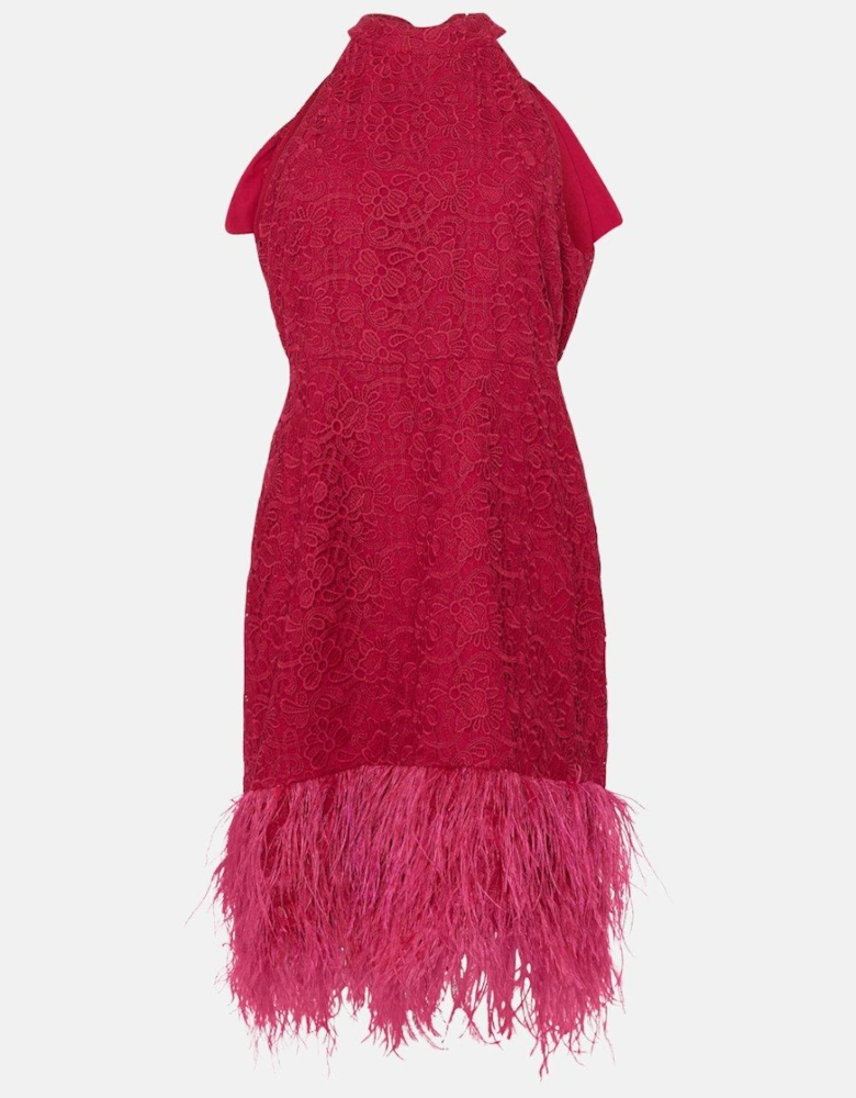 Premium Lace Feather Hem Halter Neck Mini Dress