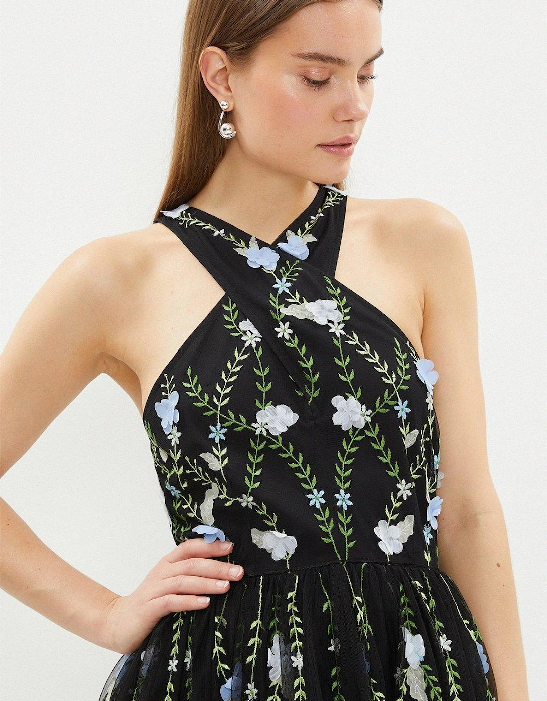 Cross Front Embroidered Mesh Midi Dress