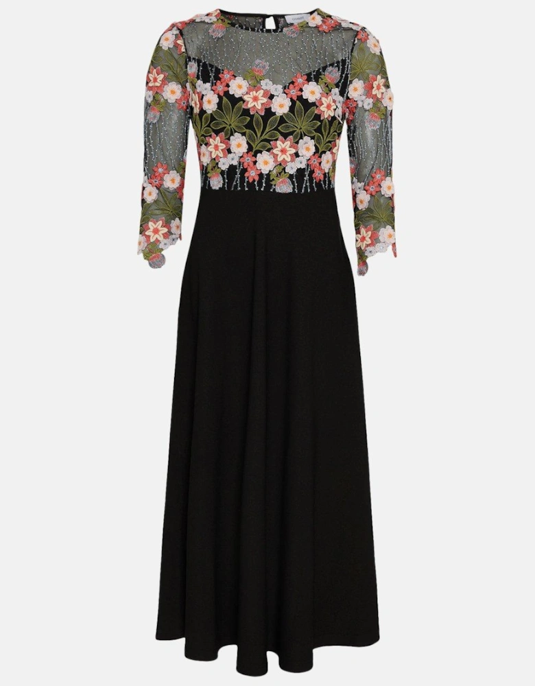 3d Floral Lace Bodice Full Skirt Midi Dress