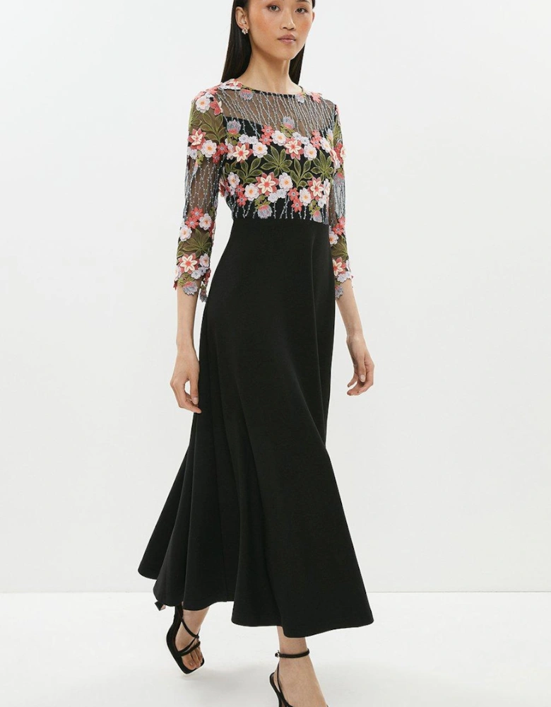 3d Floral Lace Bodice Full Skirt Midi Dress