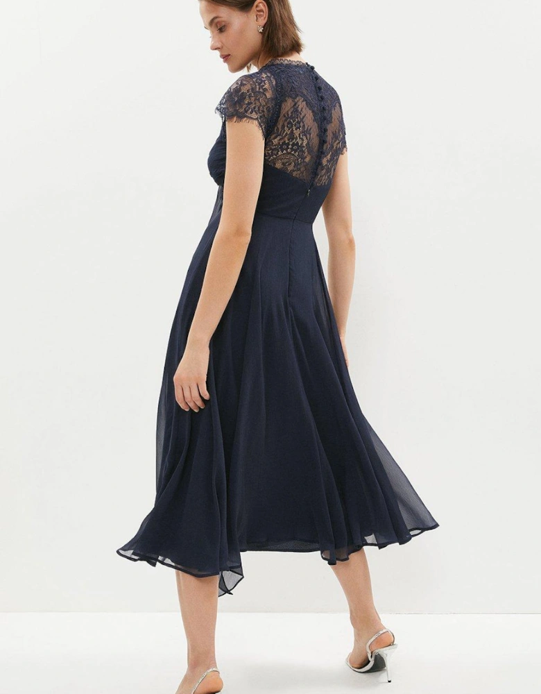 Lace Cross Over Front Crinkle Chiffon Midi