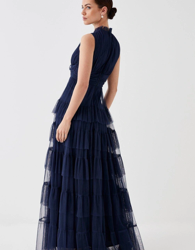 Petite Tulle Tiered Frill Sleeve Bridesmaids Maxi Dress