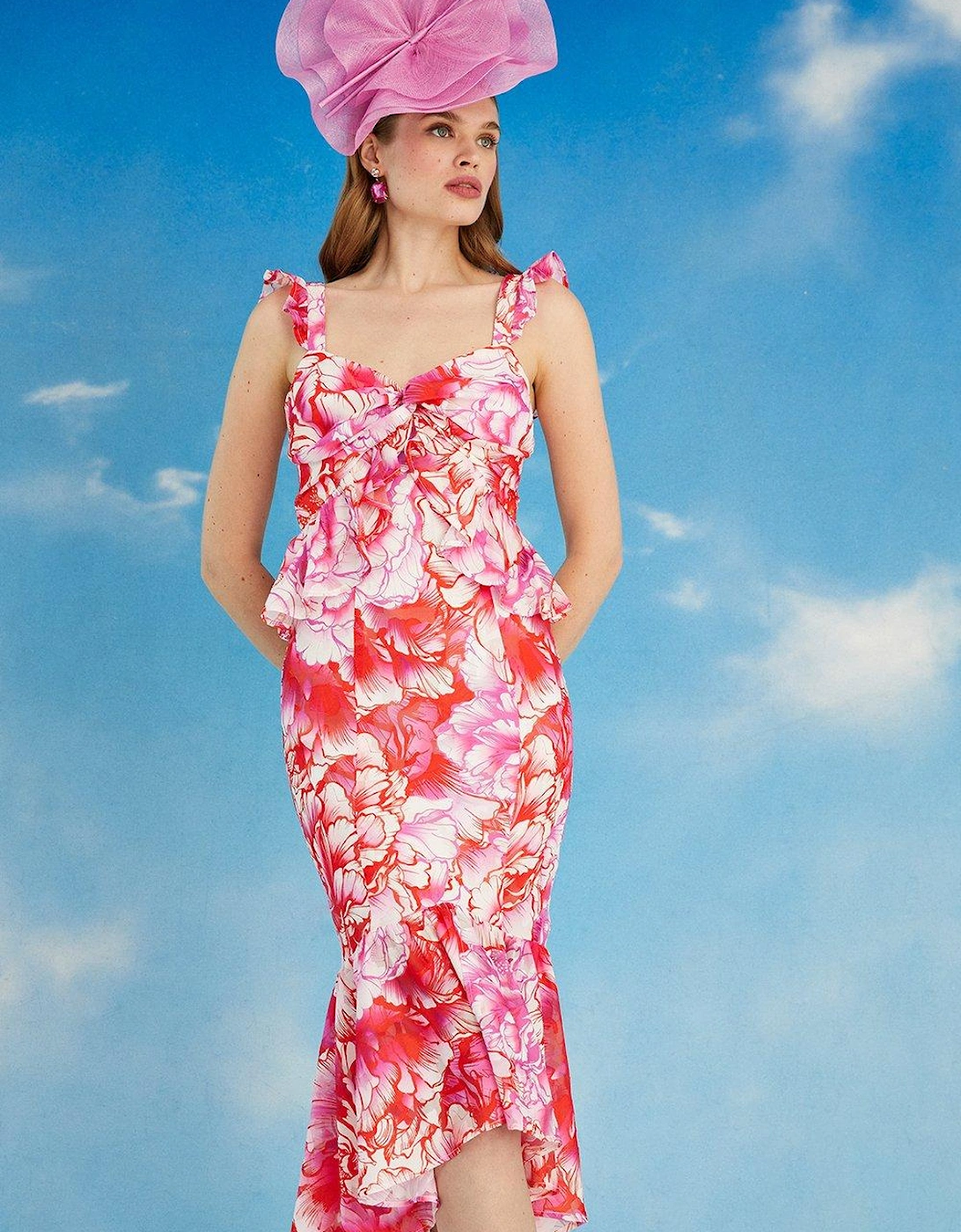 Lisa Tan Twist Front Printed Midi Dress