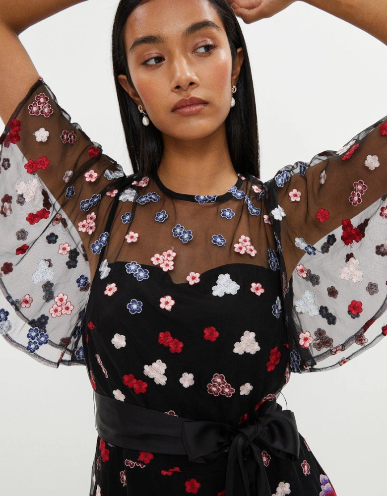 Flutter Sleeve Embroidered Mesh Midi Dress