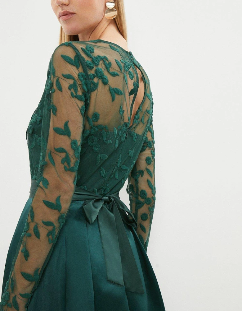 Embroidered Bodice Satin Skirt Dress