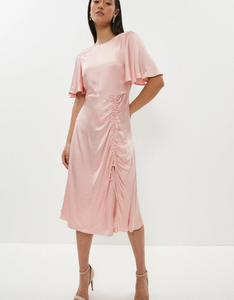Satin Angel Sleeve Ruched Detail Dress