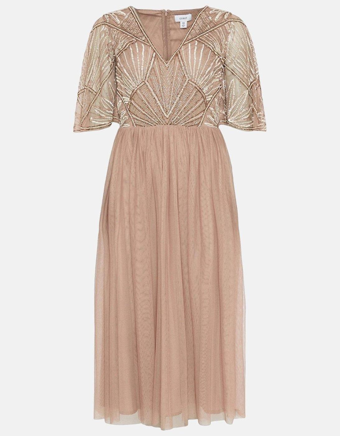 Embellished Bodice Angel Sleeve Midi Dress