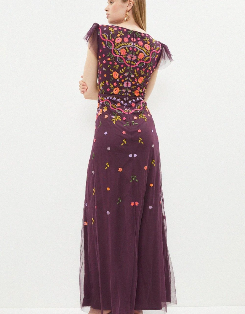 Flutter Sleeve All Over Embroidered Maxi Dress