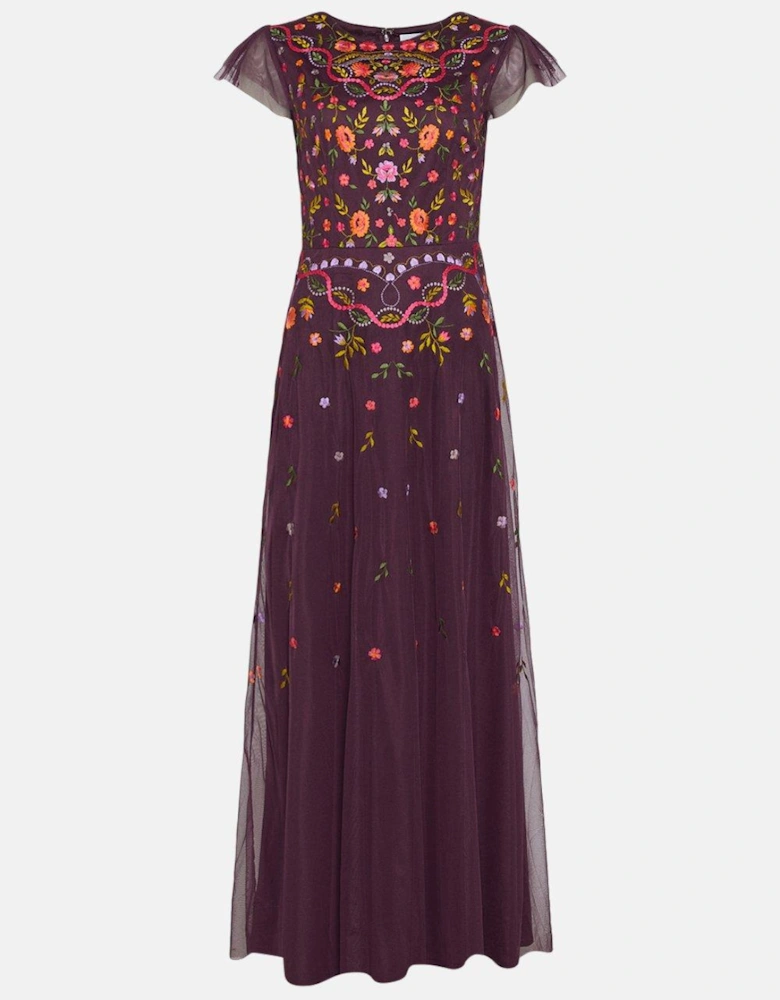 Flutter Sleeve All Over Embroidered Maxi Dress