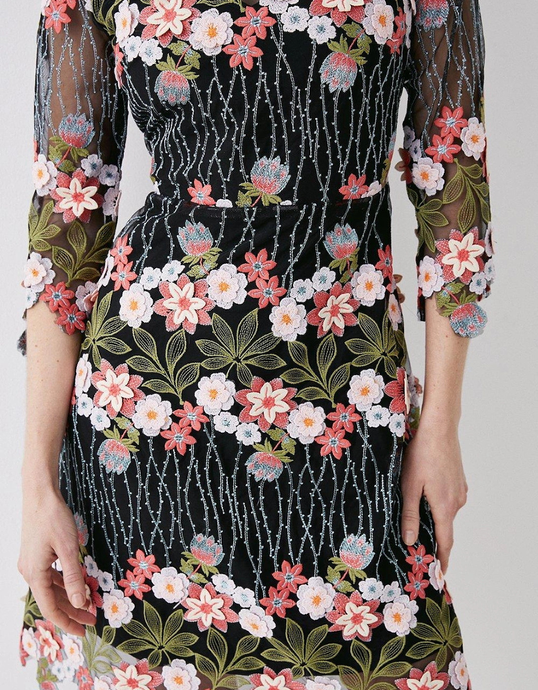 3d Fleur Embroidered Long Sleeve Dress