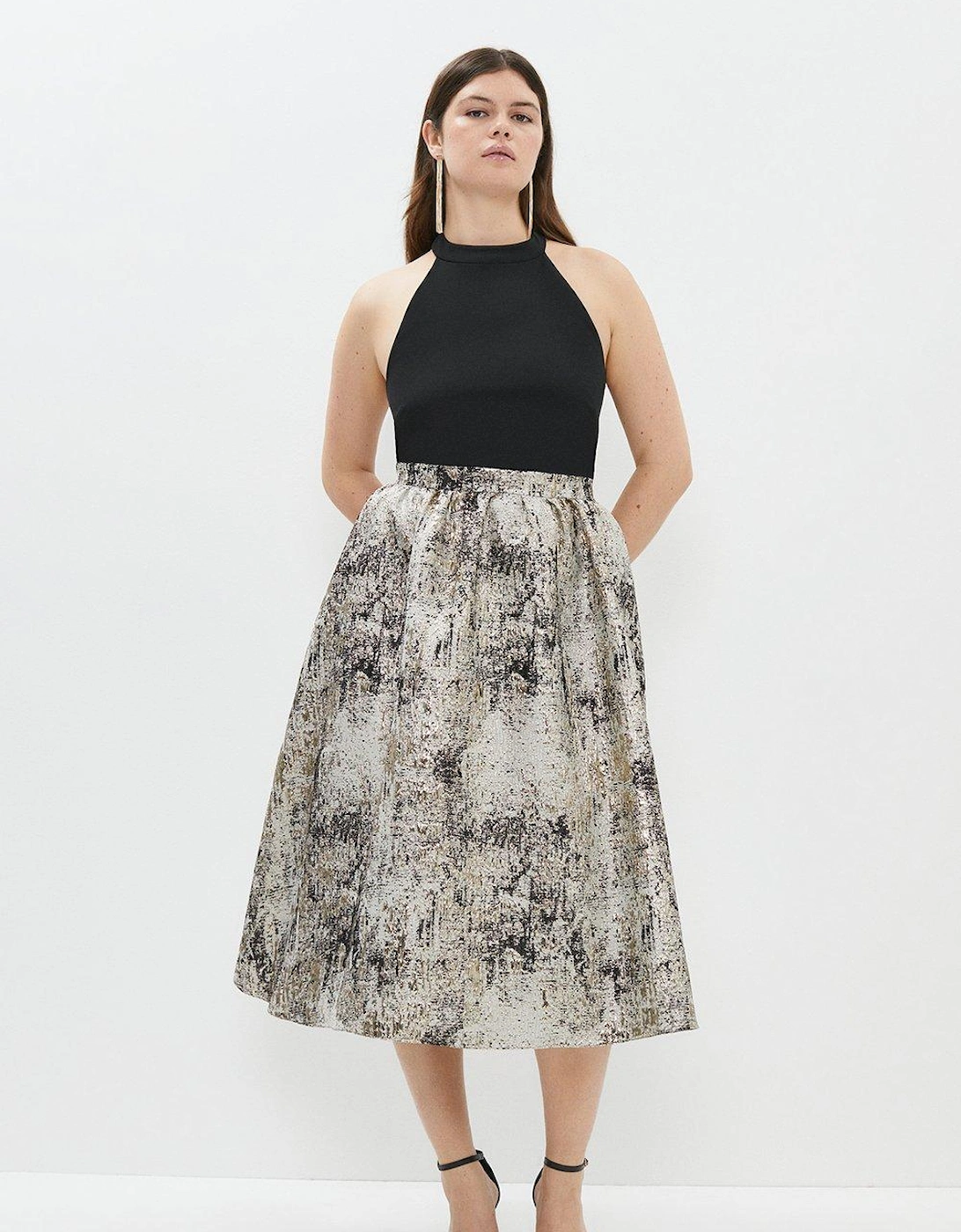 Plus Size Premium Jacquard Skirt Halter Top Midi Dress, 5 of 4