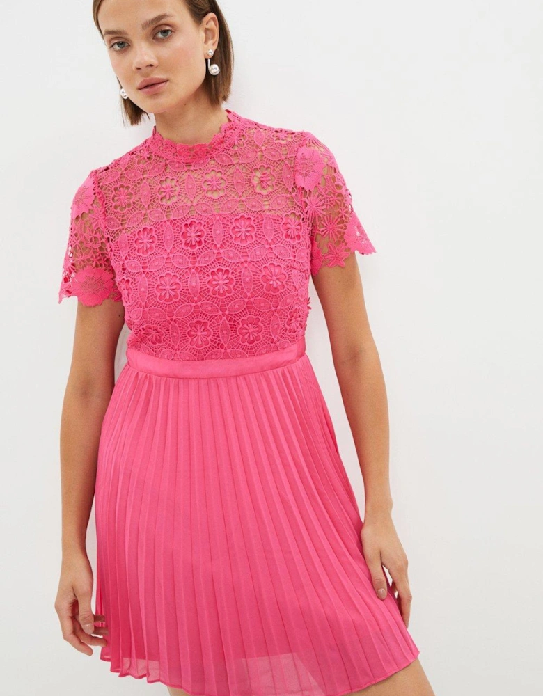 Corded Lace Top Pleated Full Skirt Mini Dress