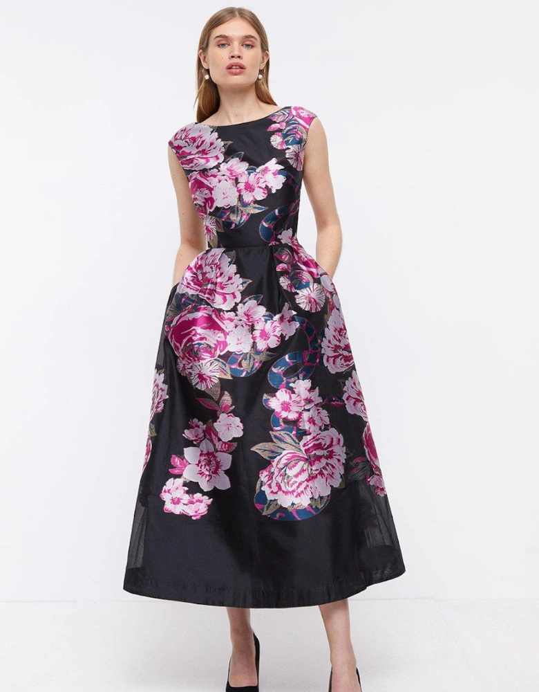 Premium Metallic Floral Jacquard Midi Dress