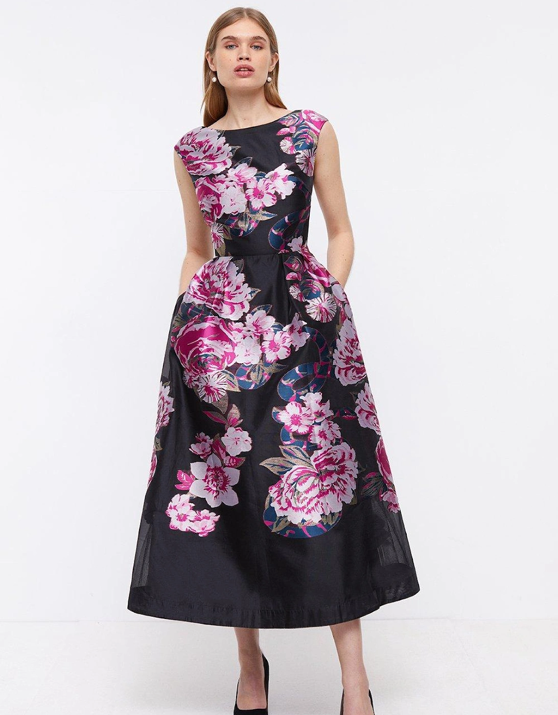 Premium Metallic Floral Jacquard Midi Dress, 5 of 4