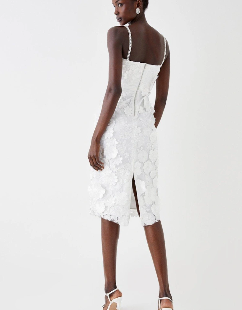 Premium 3d Floral Midi Dress With Jewelled Straps