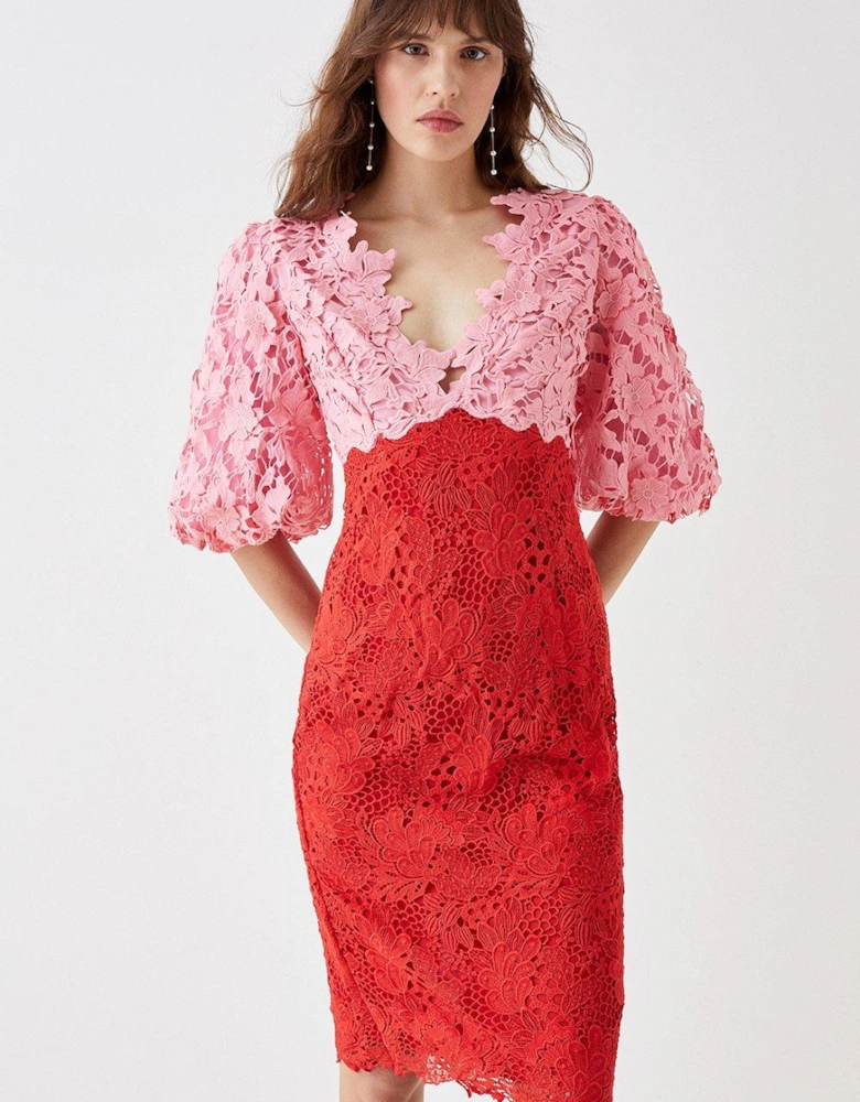 Puff Sleeve Lace Pencil Dress