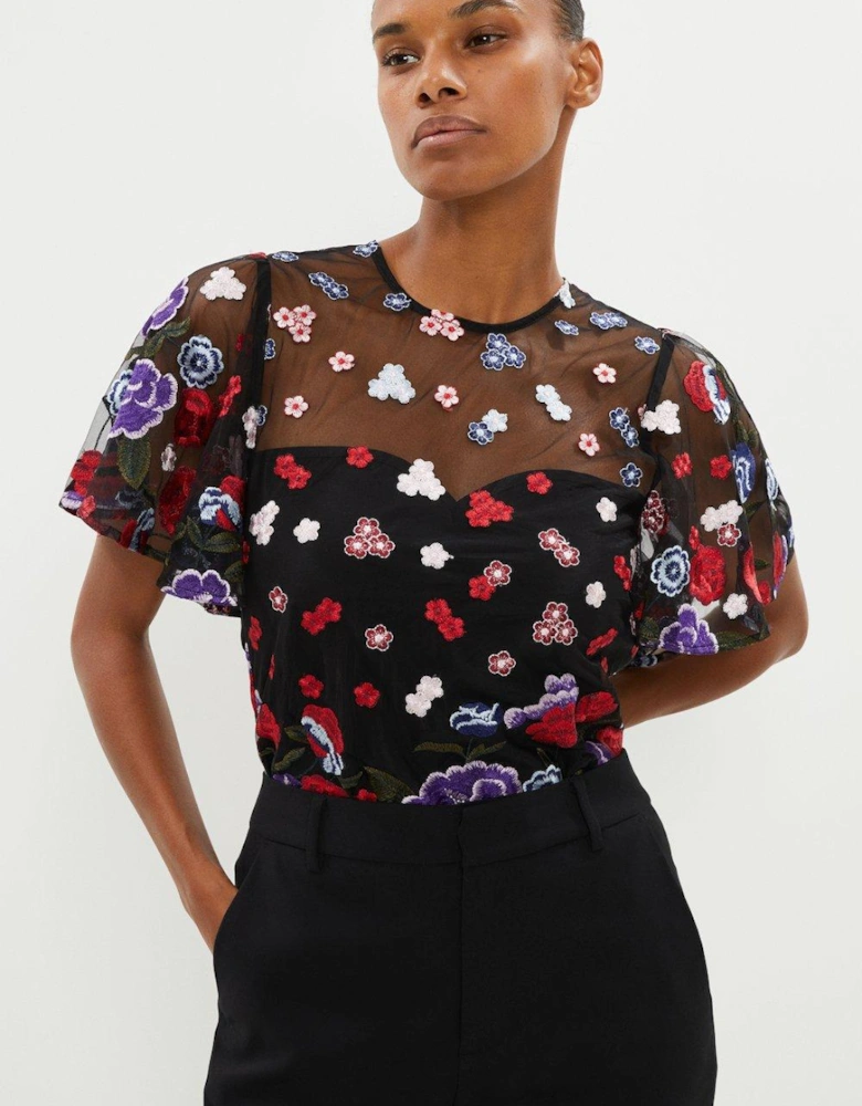 Flutter Sleeve Embroidered Mesh Top