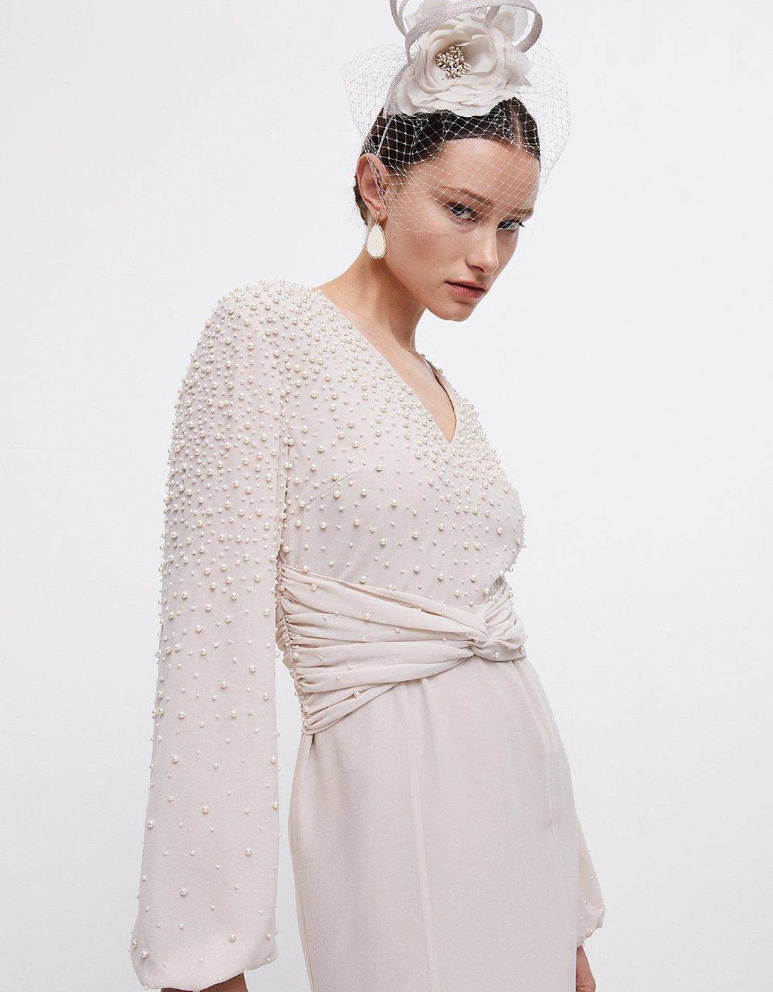 Premium Hand Embellished Pearl Twist Front Midi Dress