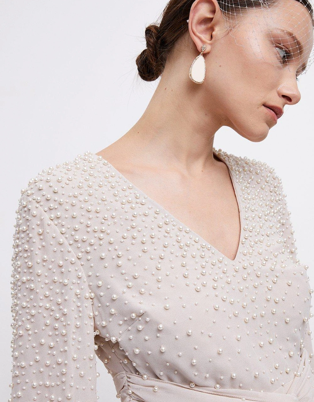 Premium Hand Embellished Pearl Twist Front Midi Dress