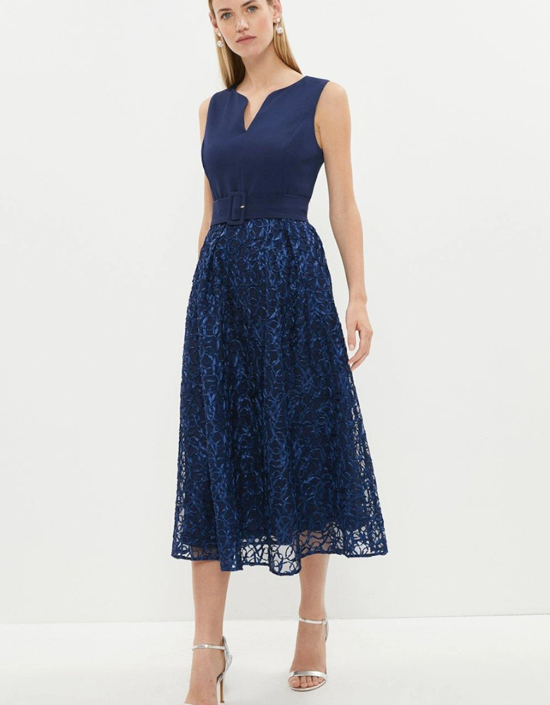 Notch Neck Belted Embroidered Midi Dress