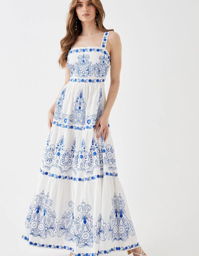 Tiered Contrast Embroidered Square Neck Maxi Dress
