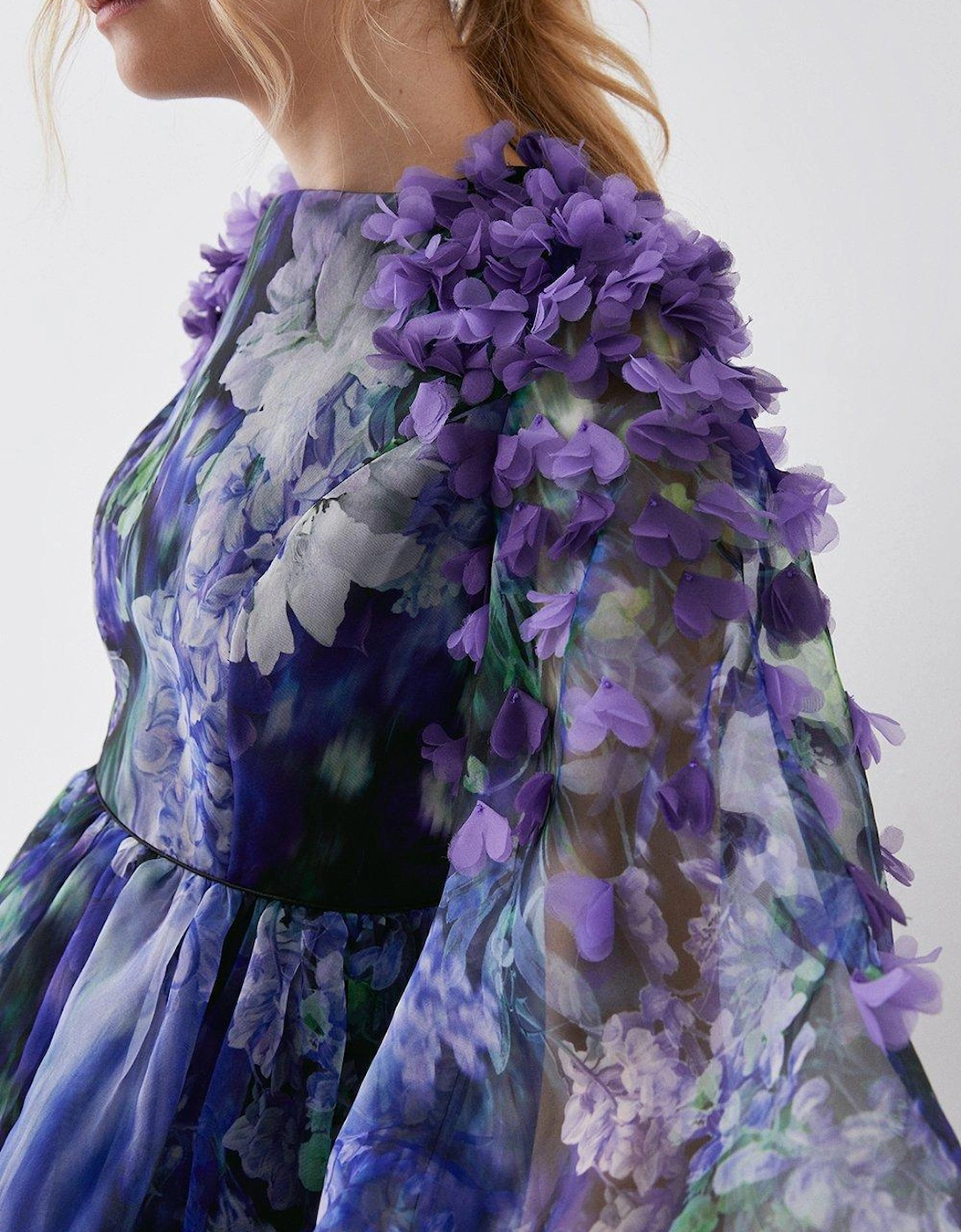 Hand Stitched 3d Floral Organza Mini Dress