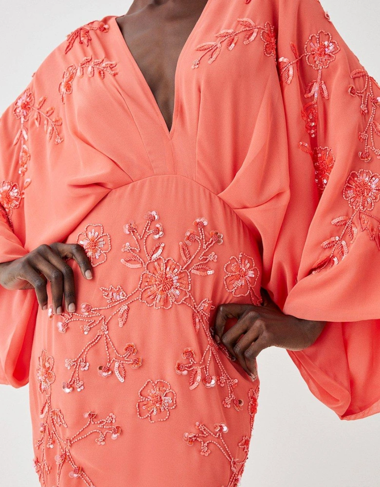 All Over Beaded V Neck Kimono Midi Dress