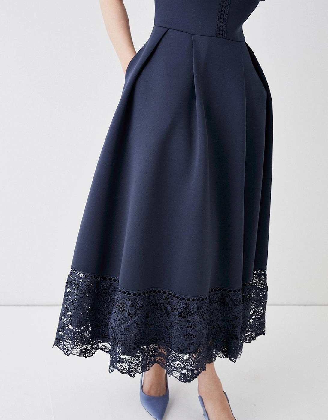 Lace Panel Scuba Full Skirt Midi Dress