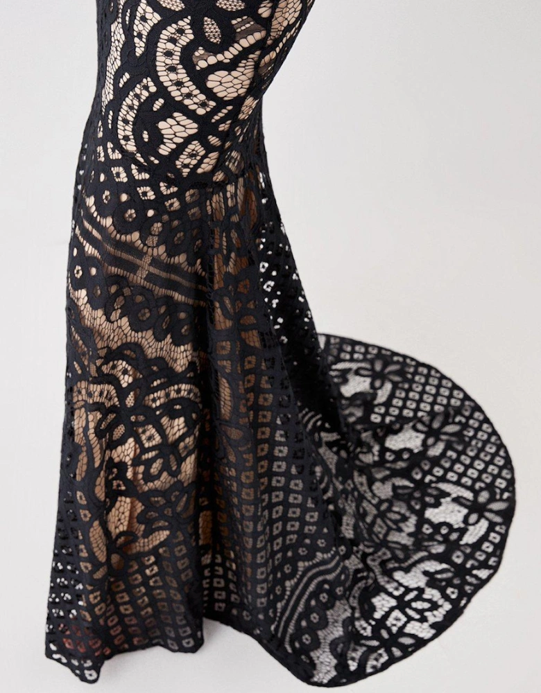 Cap Sleeve Lace Fishtail Hem Maxi Dress