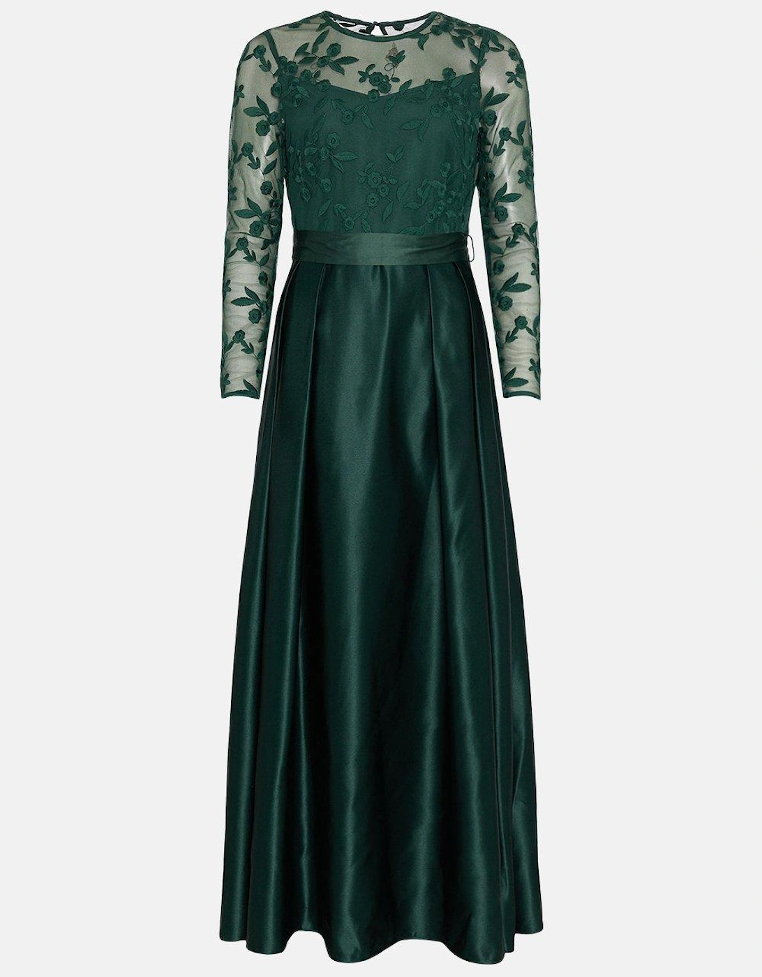 Embroidered Bodice Satin Skirt Maxi Dress