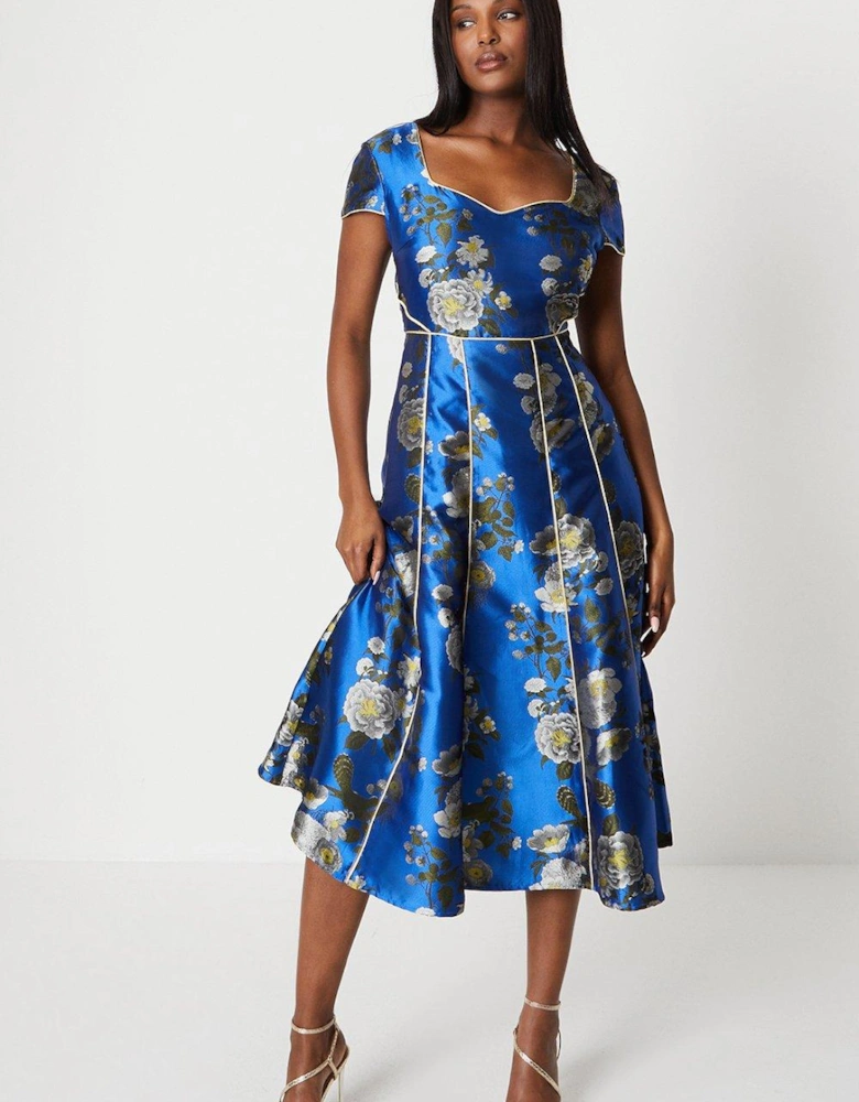 Jacquard Sweetheart Neckline Midi Dress With Piping