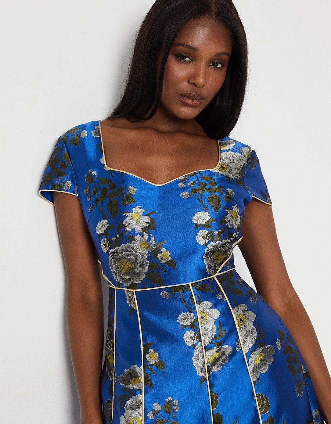 Jacquard Sweetheart Neckline Midi Dress With Piping
