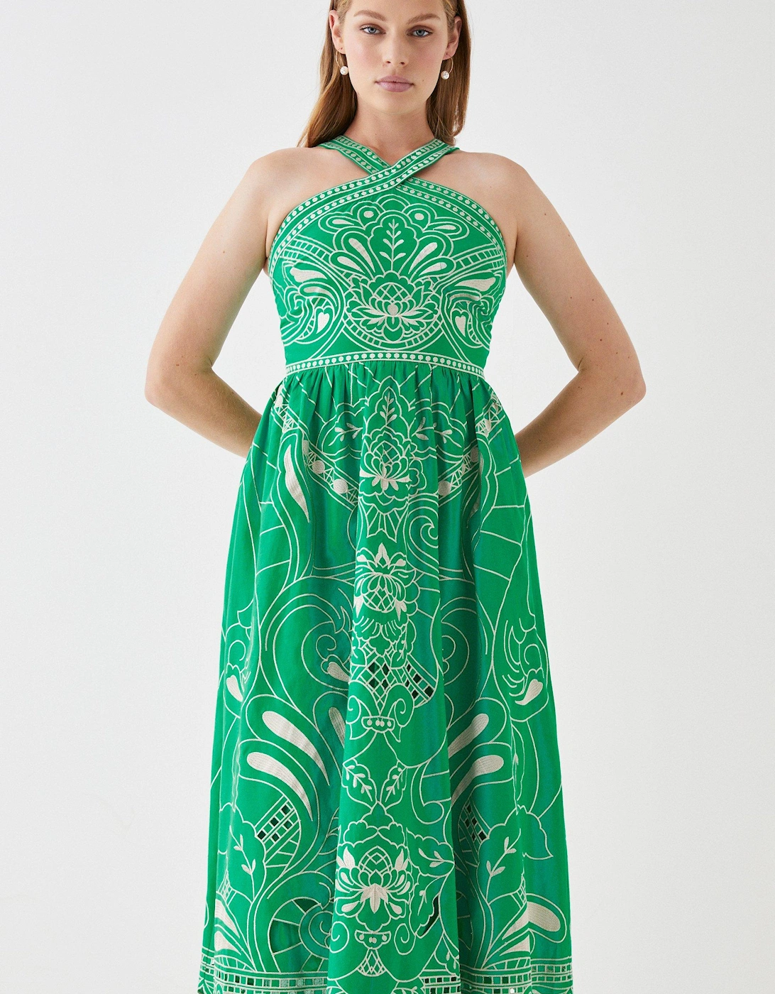 Cross Neck Cutwork Embroidered Midi Dress, 4 of 3