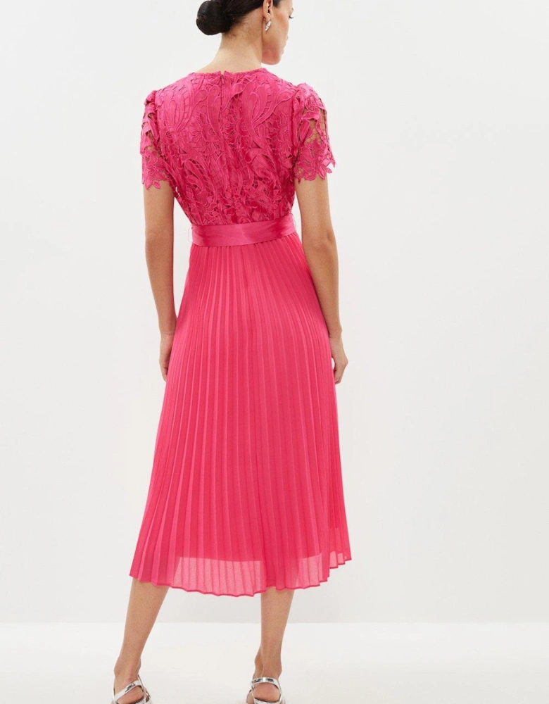 Petite Belted Lace Bodice Pleat Skirt Midi Dress