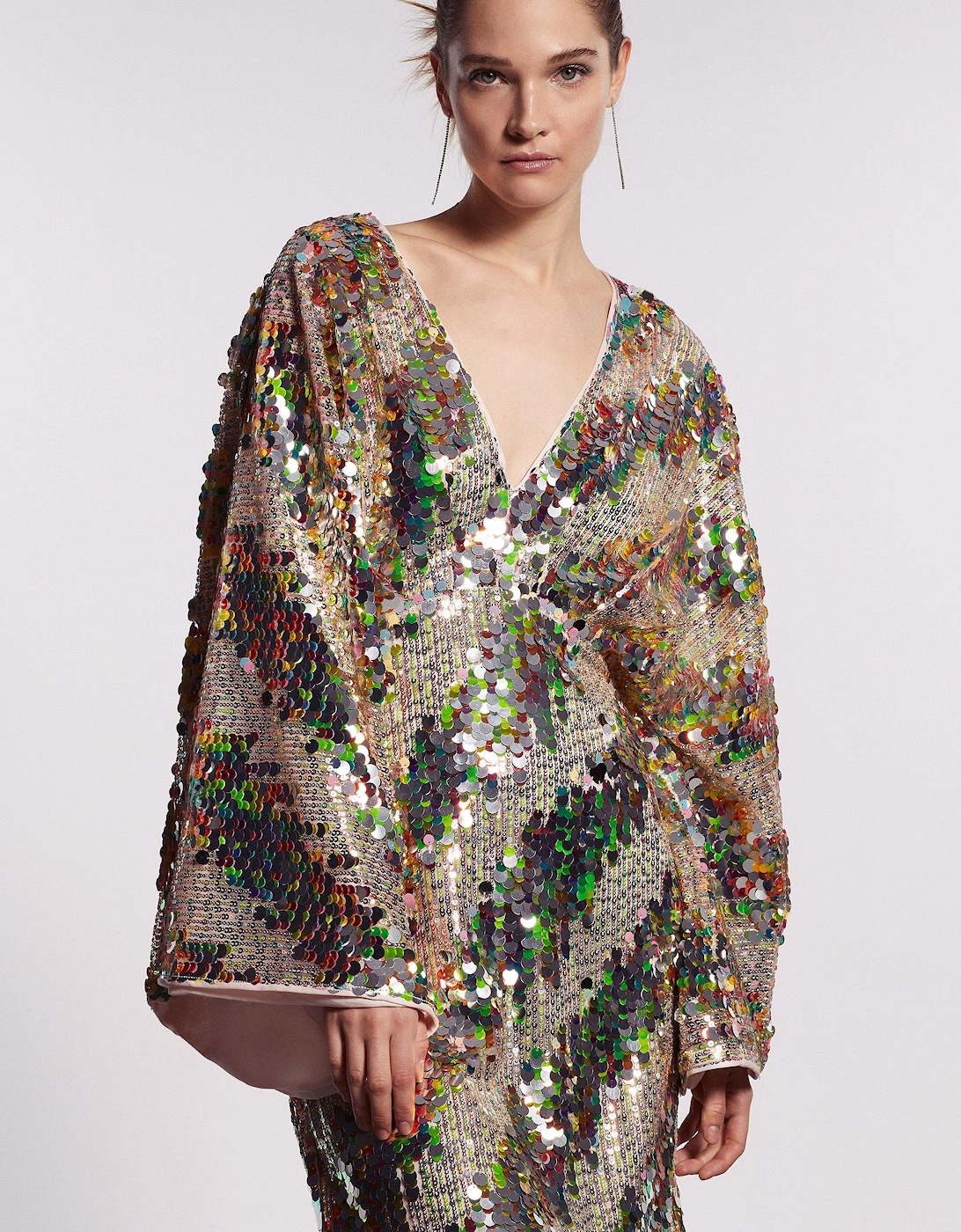 Batwing Plunge Neck Sequin Mini Dress, 6 of 5