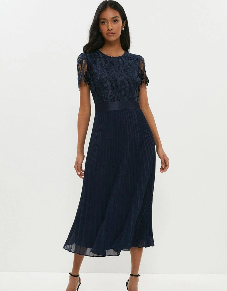 Belted Lace Bodice Pleat Skirt Midi Dress