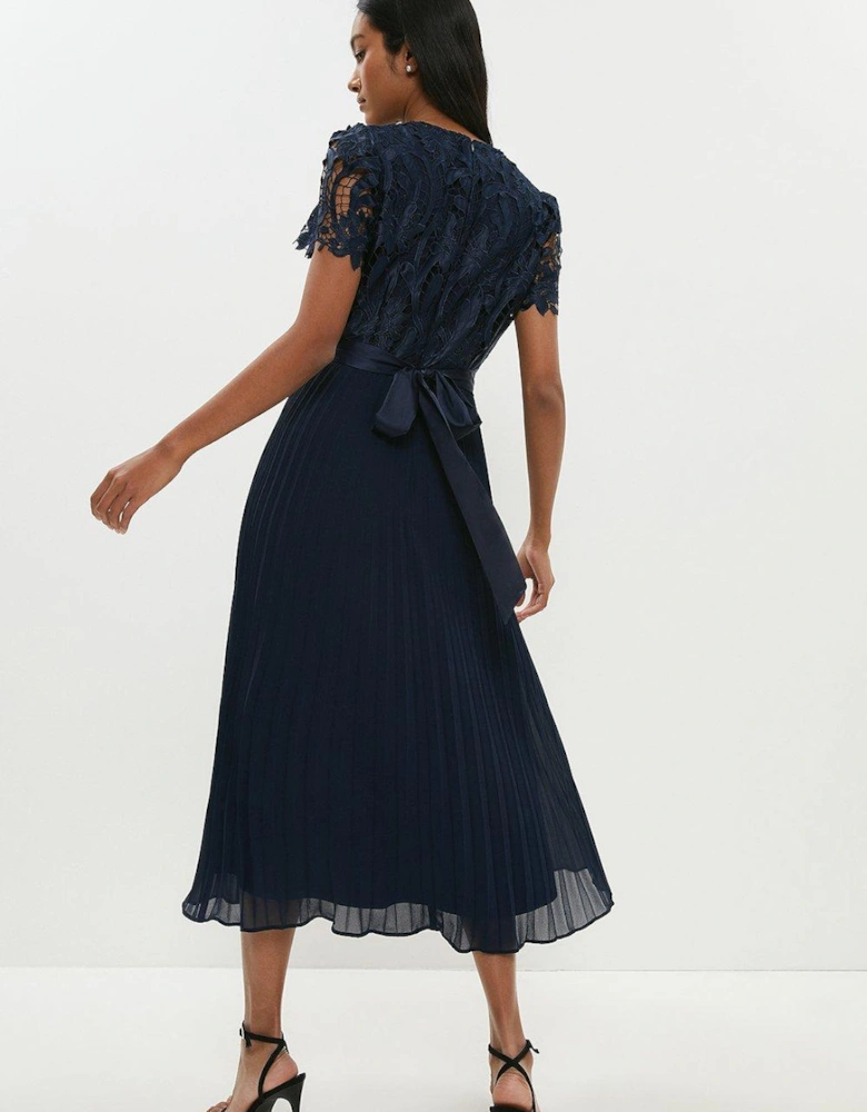 Belted Lace Bodice Pleat Skirt Midi Dress