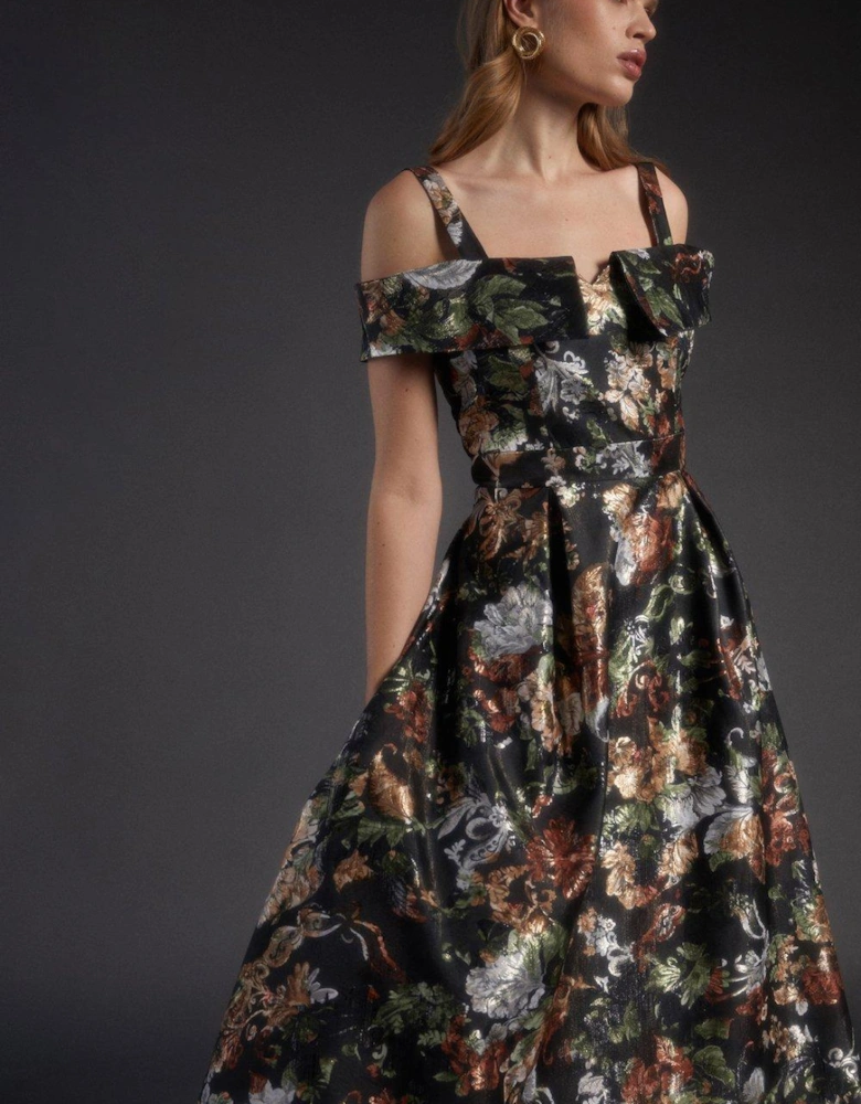 Julie Kuyath Bardot Fold Bodice Full Skirt Jacquard Dress