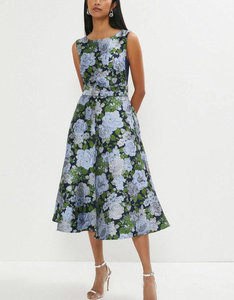 Midi Dress With Ponte Sides In Jacquard