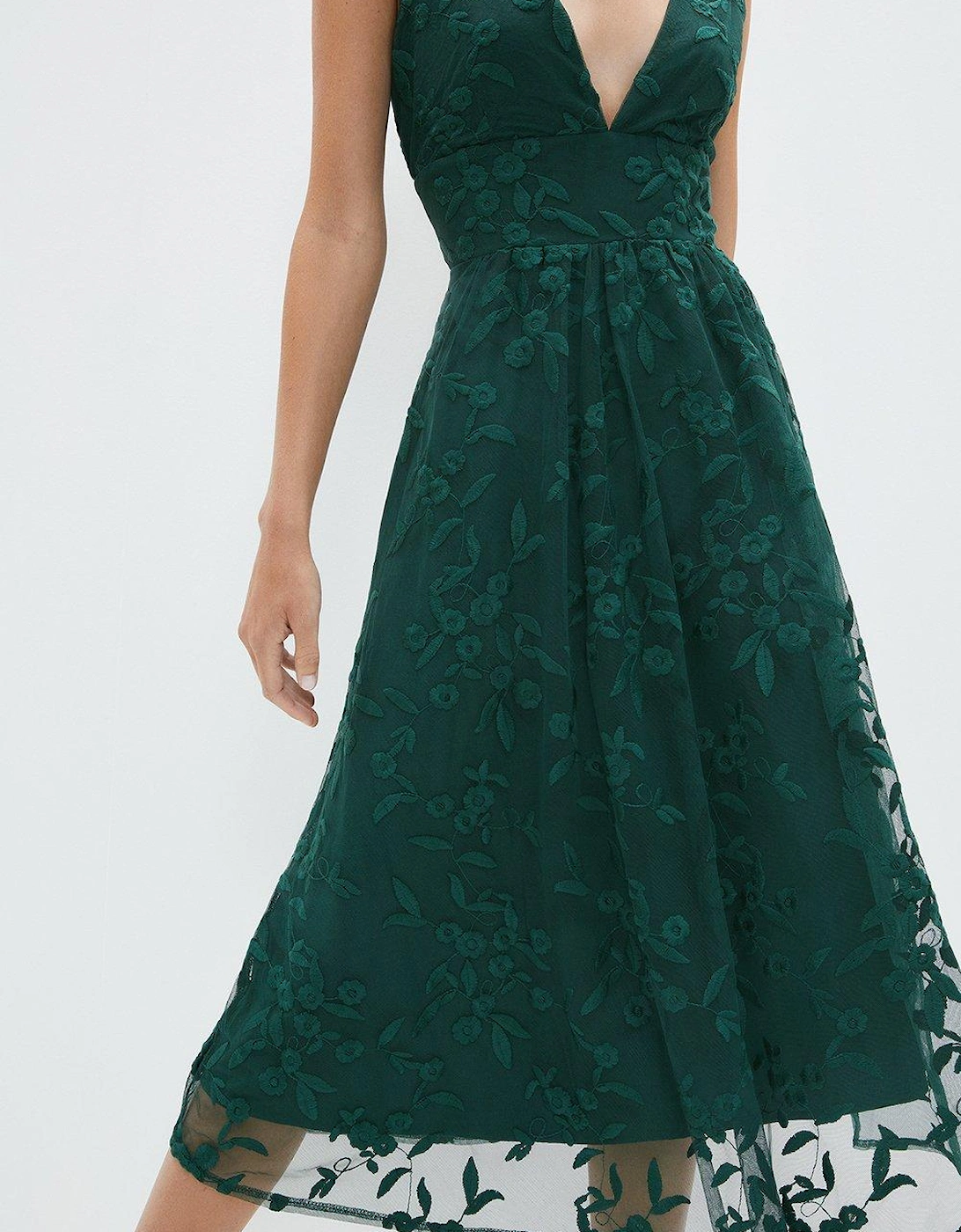 Petite Deep V Full Skirt Embroidered Midi Dress