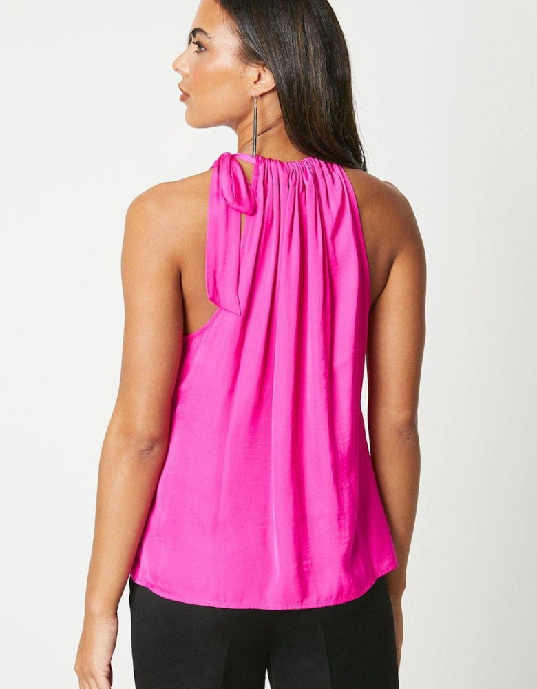 Ruched Bow Neck Fluid Satin Shell Top