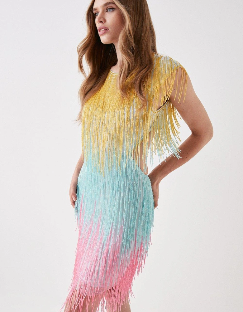 Beaded Fringe Colourblock Mini Dress